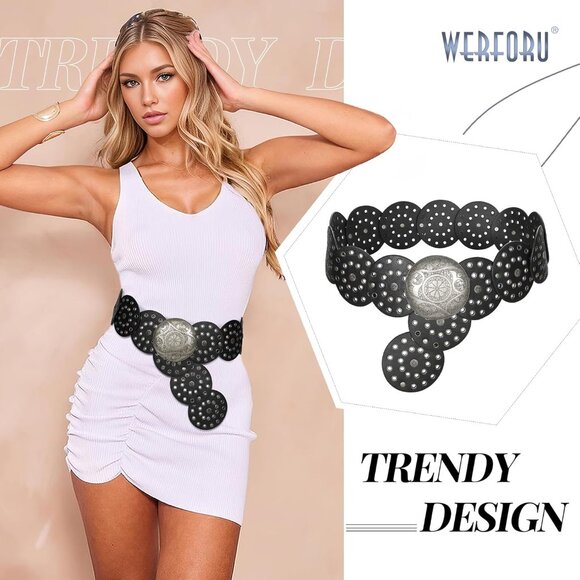 Women\'s Vintage Leather Belt Western Disc Waist Belts Belt Black Silver Buckle main image 5